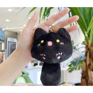 Black Cat Plush Charm With Embroidered Details & Chain Clip For Bags Or Keys
